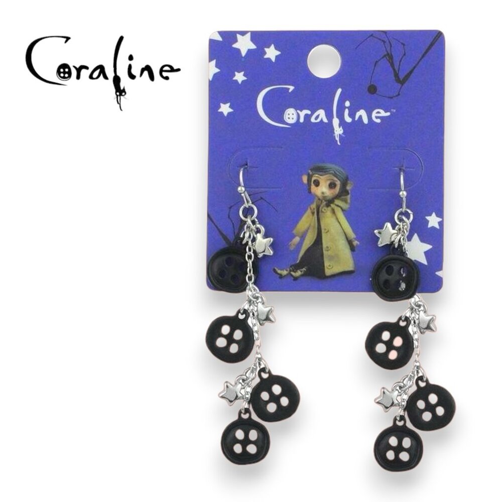 Coraline Button Star Drop Black Earrings